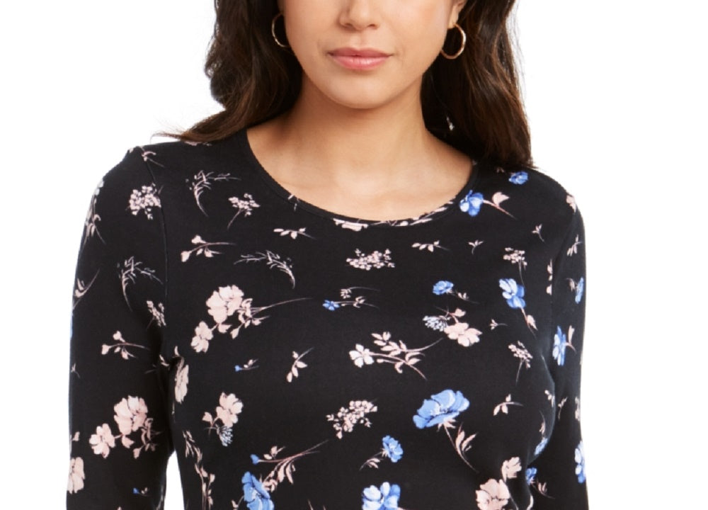 Charter Club Women's Pima Cotton Ditsy-Print Top Black Size Medium
