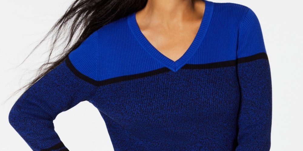 Karen Scott Women's Striped V-Neck Cotton Sweater Navy Size Large