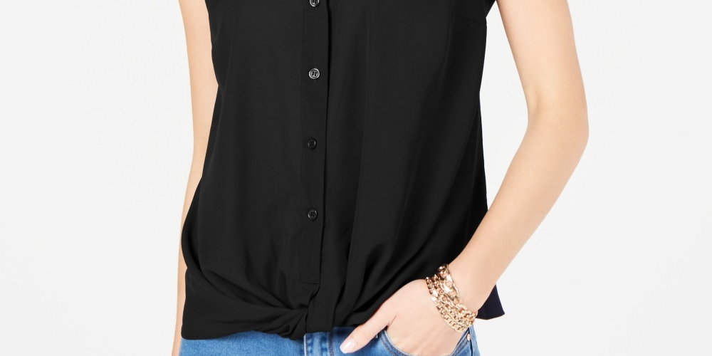 INC International Concepts Women's Twist Front Top  Black Size PM