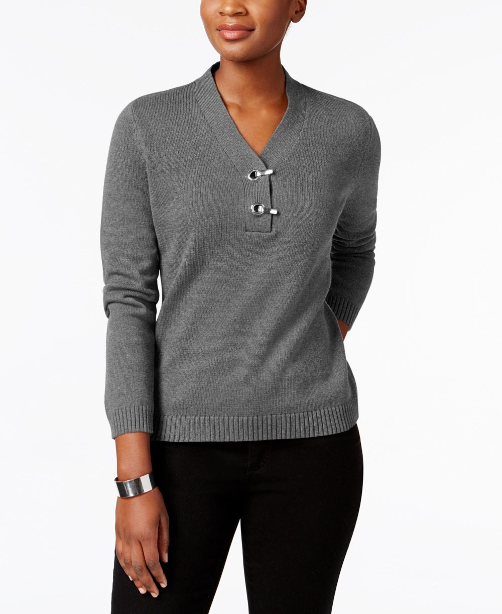Karen Scott Women's Cotton Toggle Henley Sweater Charcoal Size Petite Small