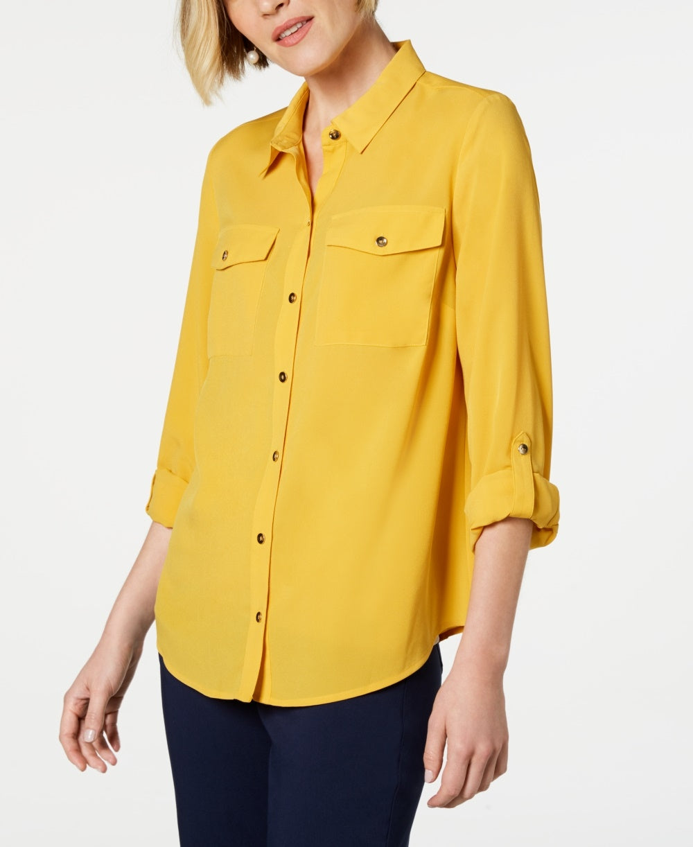 Charter Club Women's Petite Solid Button-Up Shirt  Gold Size PL