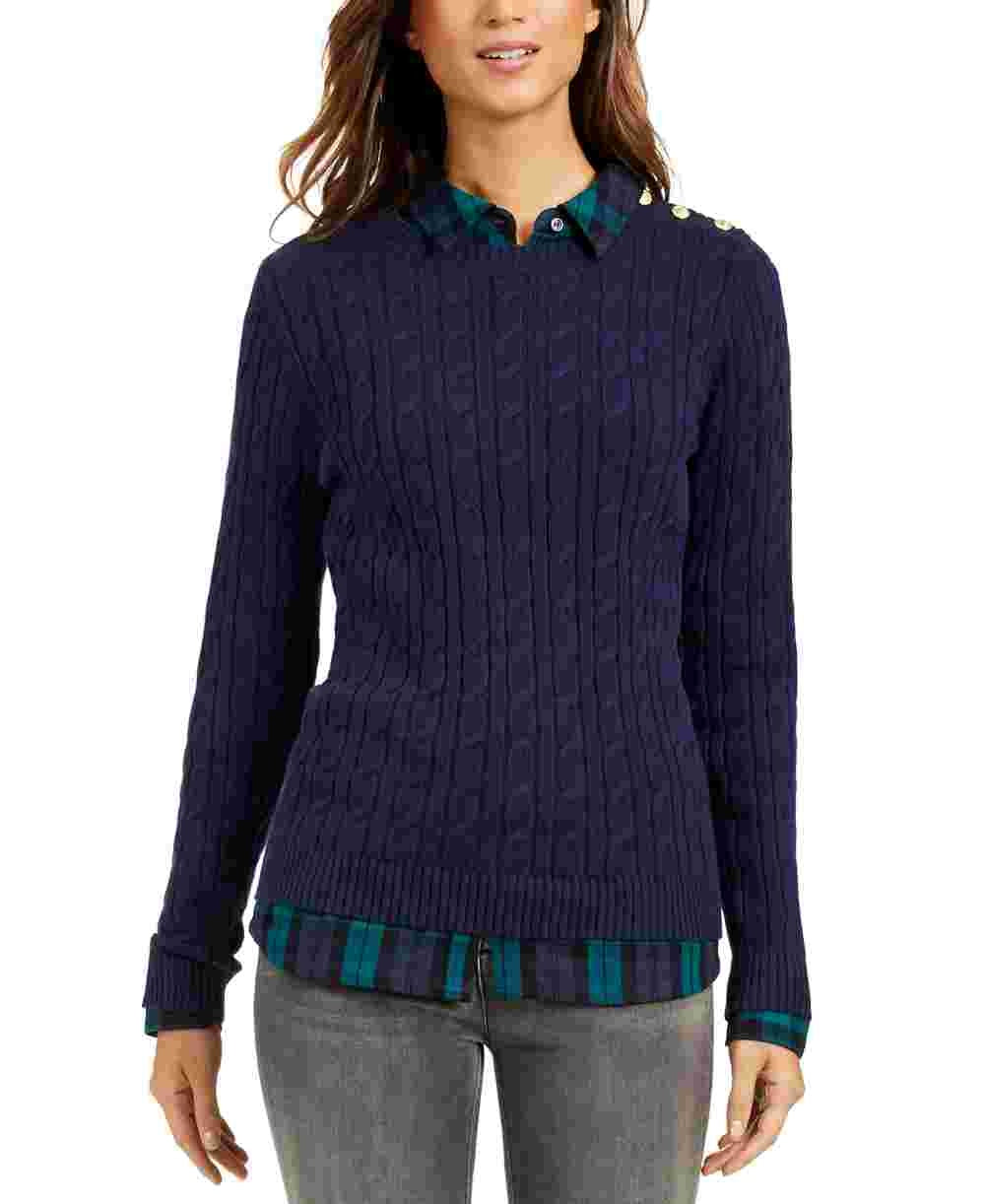 Charter Club Women's Textured Embellished Patterned Long Sleeve Jewel Neck Sweater Blue Size X-Small