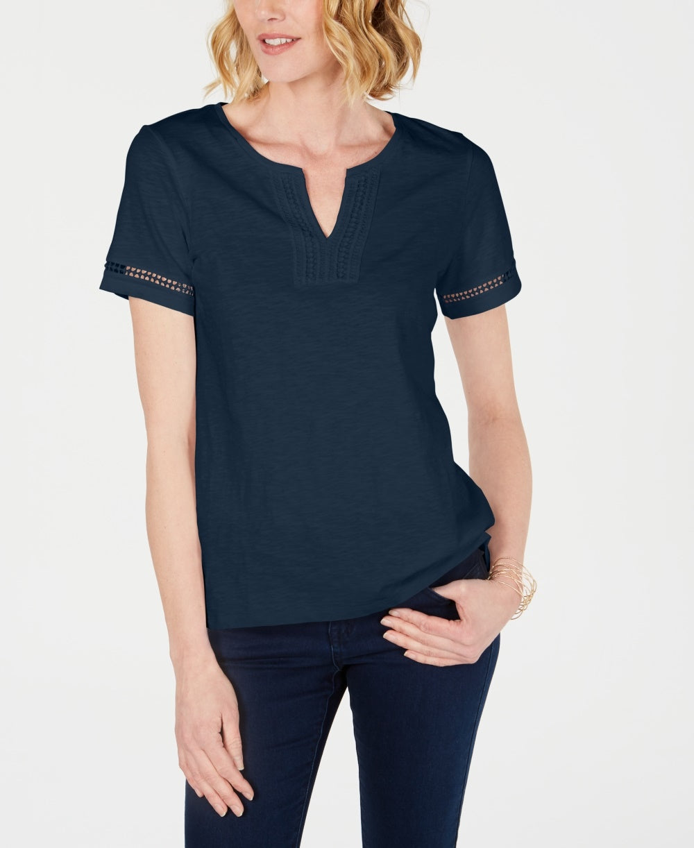 Charter Club Women's Split Neck Cotton Top Blue Size Large
