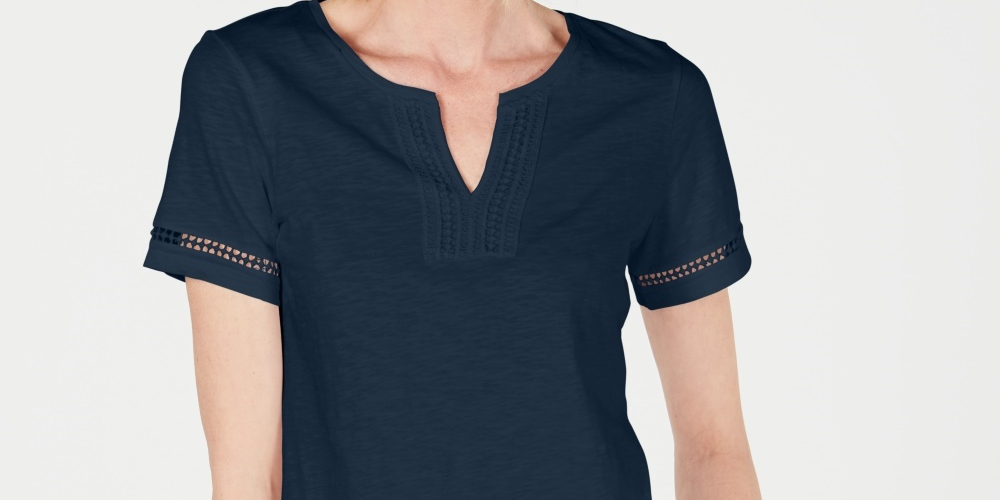 Charter Club Women's Split Neck Cotton Top Blue Size Large