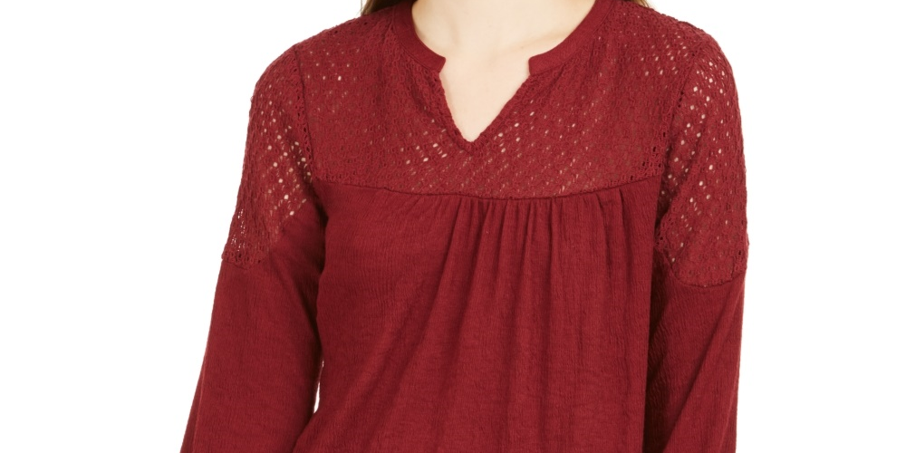 Style & Co Women's Petite Lace-Shoulder Top Red Size PL