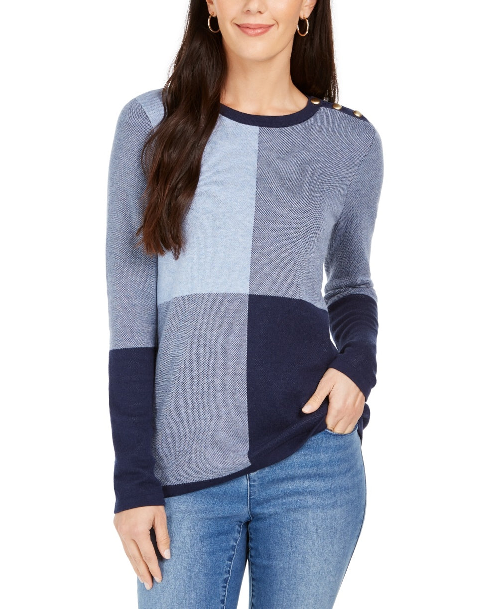 Charter Club Women's Color Blocked Button-Shoulder Sweater Blue Size XX-Large