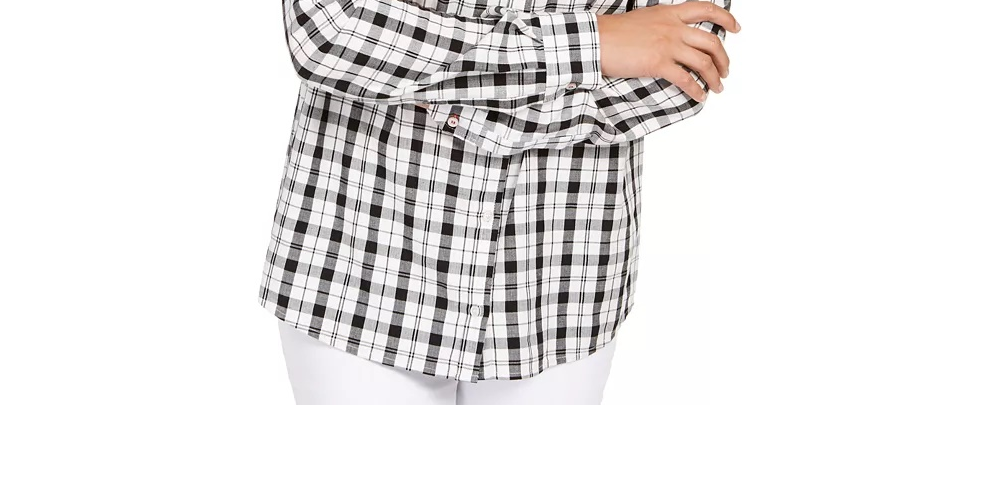 Charter Club Women's White Plaid Cuffed Button Up Top Size Medium White Size Medium