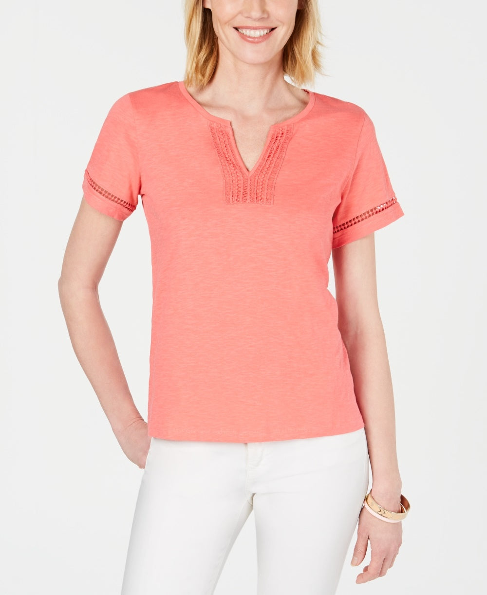 Charter Club Women's Split-Neck Cotton Top Pink Size X-Small