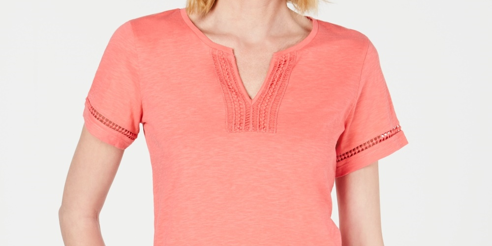 Charter Club Women's Split-Neck Cotton Top Pink Size X-Small