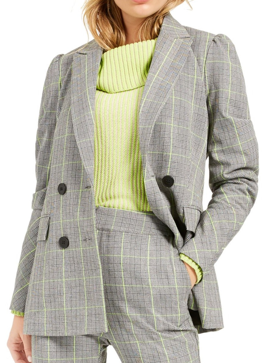 Bar III Women's Double Breasted Plaid Notch Collar Blazer Gray Size X-Large