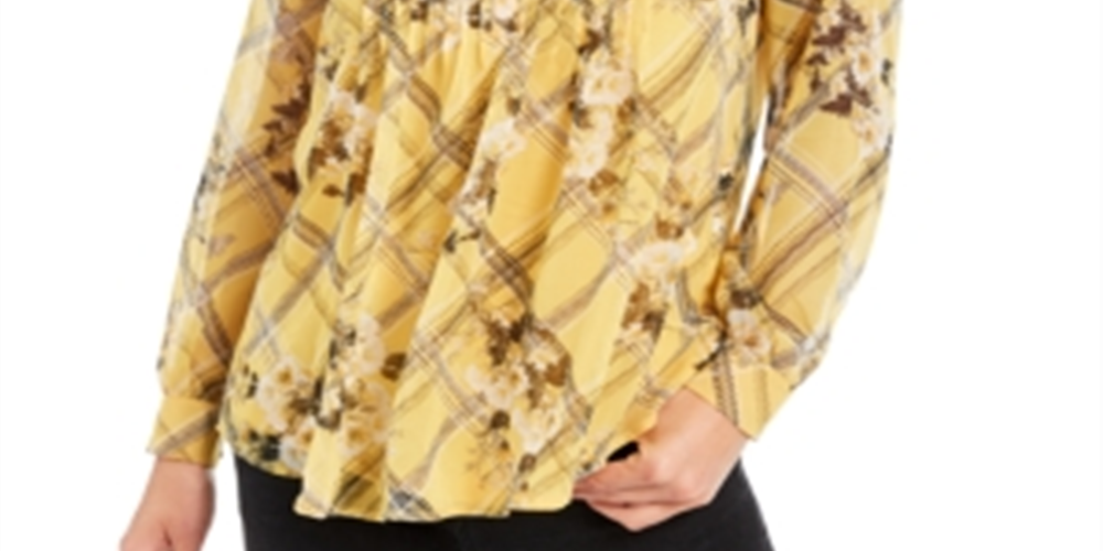Charter Club Women's Printed Split Neck Top Yellow Size XX-Large