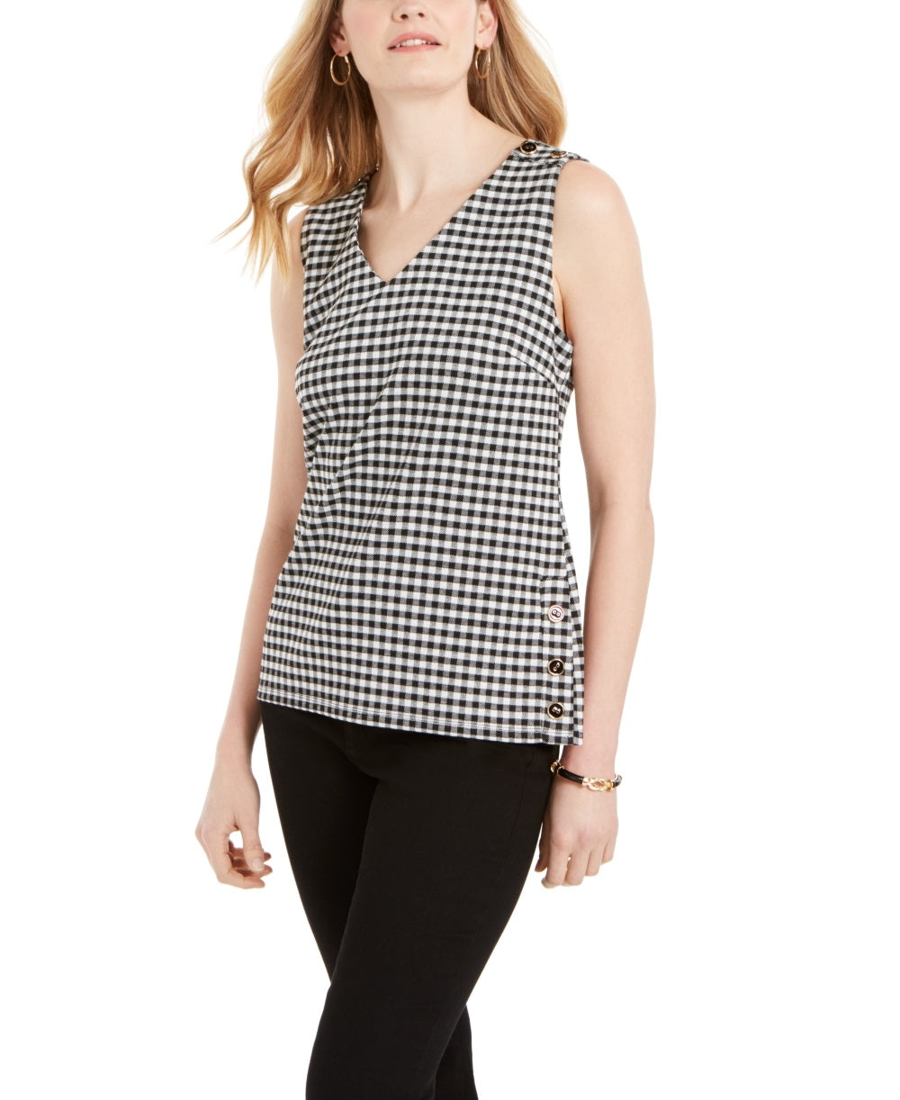Charter Club Women's Gingham Print Button Side Top Black Size Medium