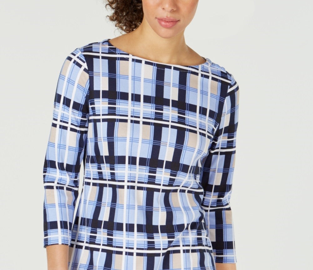Charter Club Women's Cotton Plaid Boat Neck Top White Size Petite Small