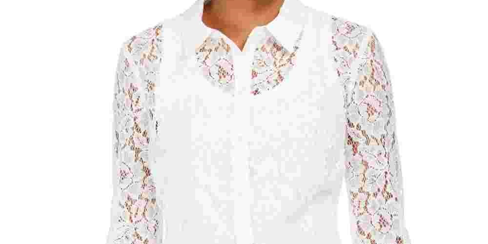 Charter Club Women's Lace Button-Down Top White Size Large