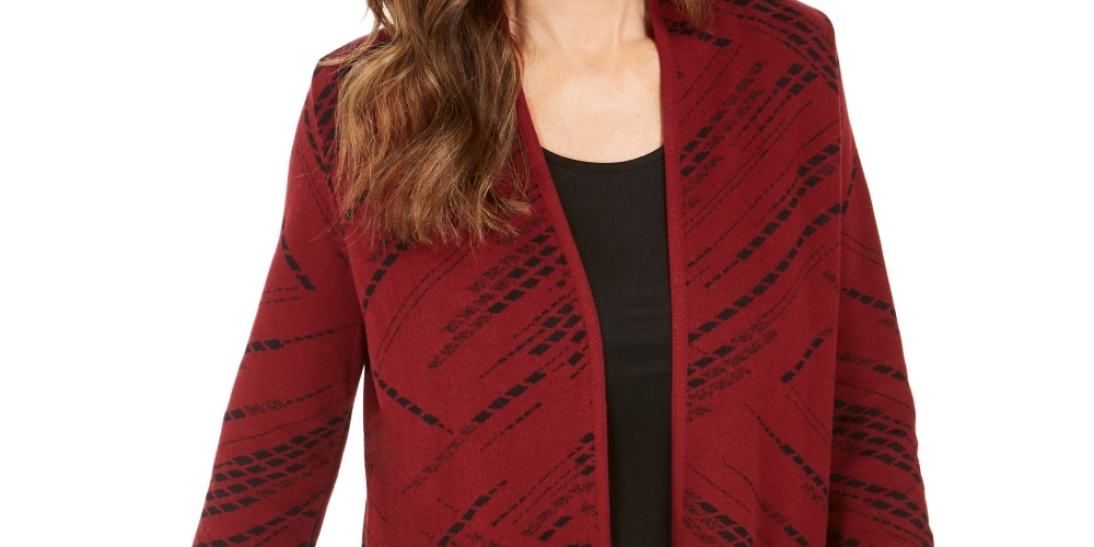 JM Collection Women's Petite Patterned Cardigan Sweater Red Size Small