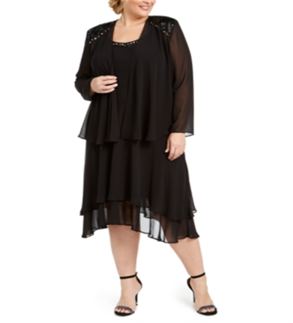 SLNY Women's 2 Pc Jacket Two Piece Dress Black Size 16W