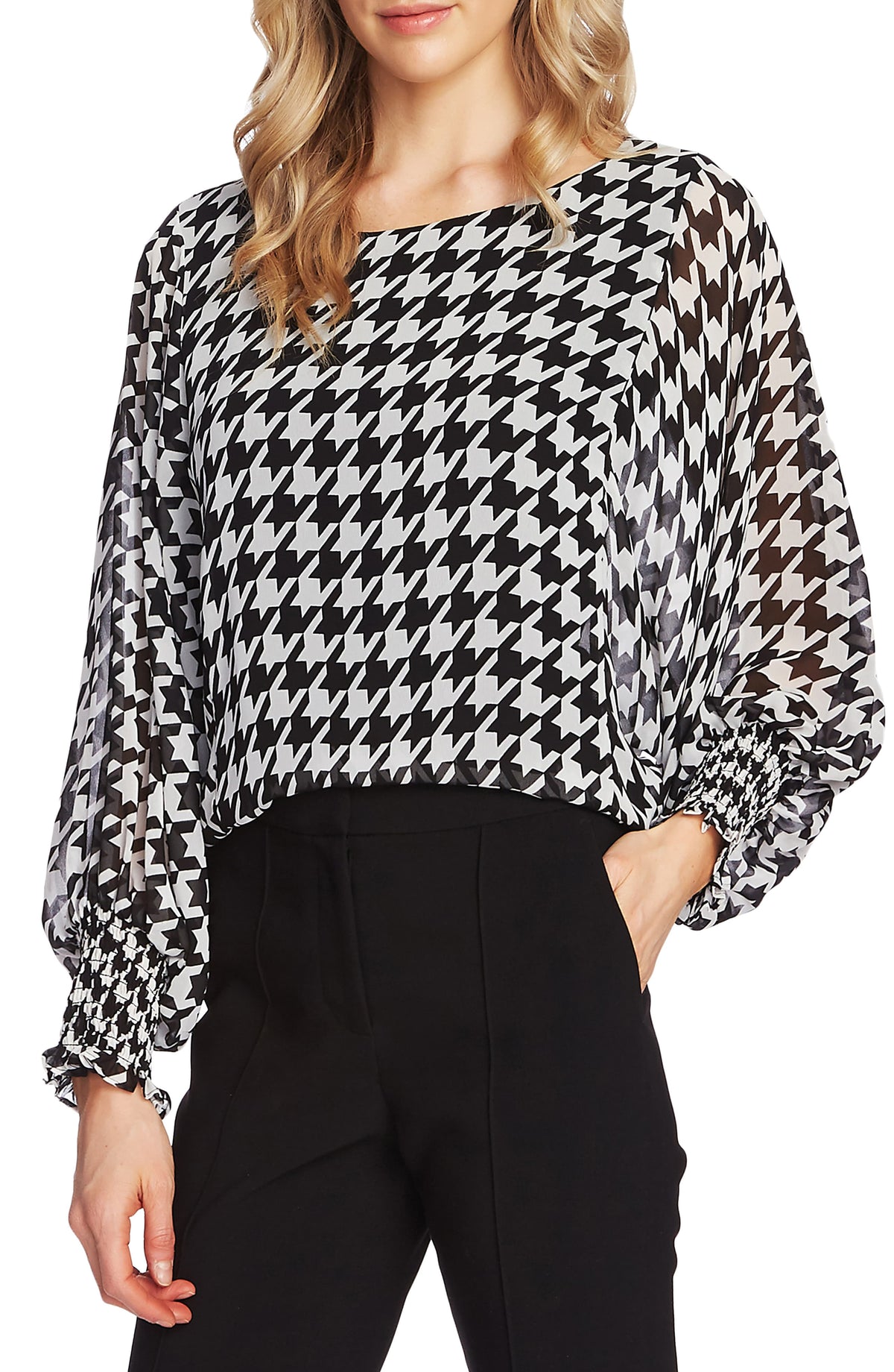 Vince Camuto Women's Batwing Houndstooth Chiffon Overlay Blouse Black Size S