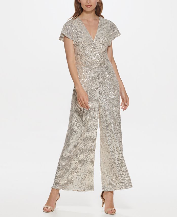 Eliza J Women's Sequined Flutter Sleeve Jumpsuit Beige Size Petite