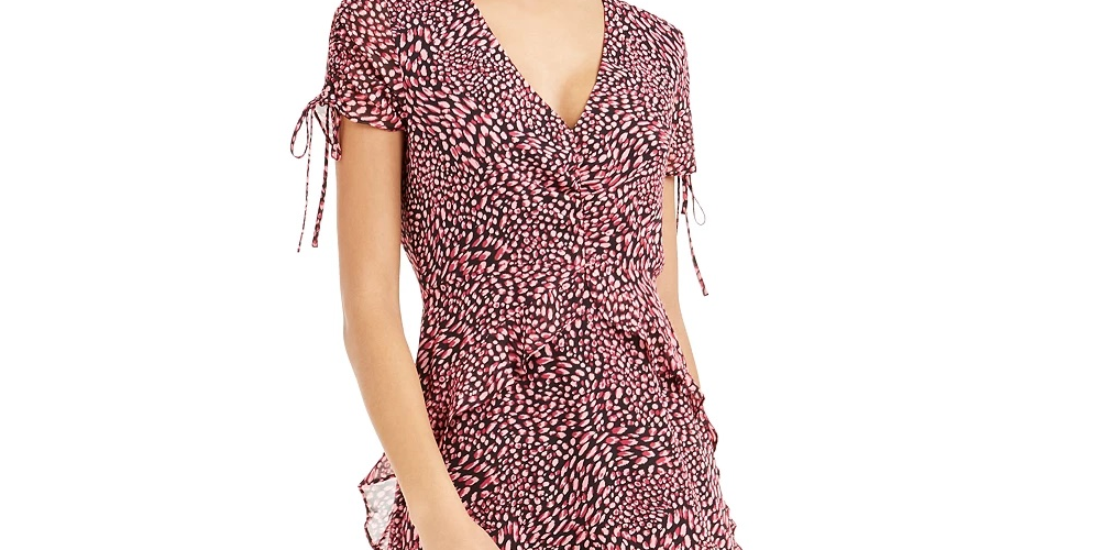 Bar III Women's Printed Ruffled Mini Dress Dark Red Size 10