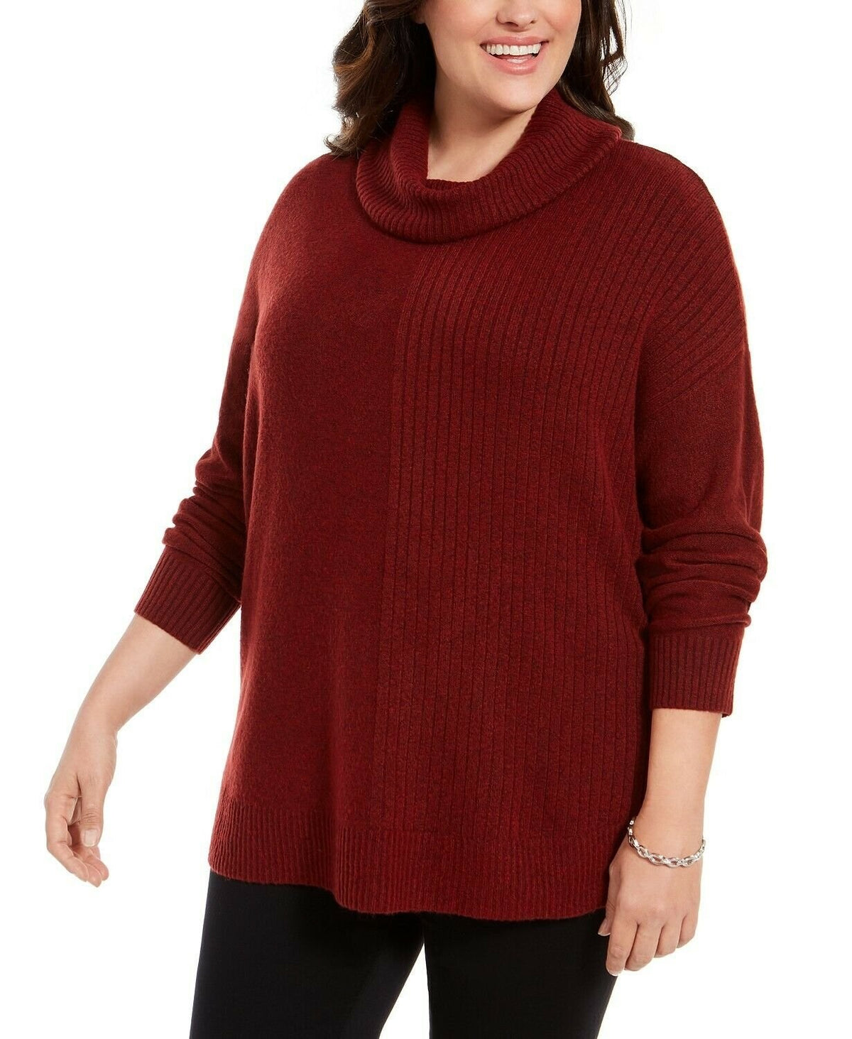 Style & Co Women's Mixed-Stitch Ribbed Turtleneck Tunic Sweater Wine Size X-Small