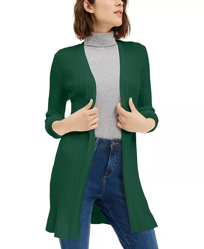 Maison Jules Women's Ribbed Open Cardigan Sweater Green Size Small