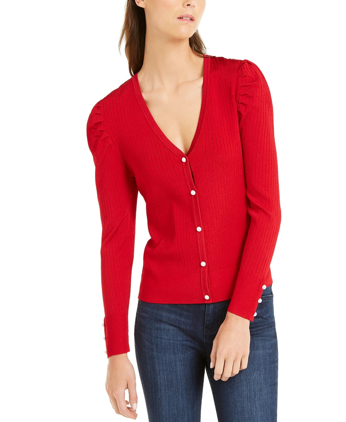 INC International Concepts Women's Puff Sleeve Cardigan Red Size Large