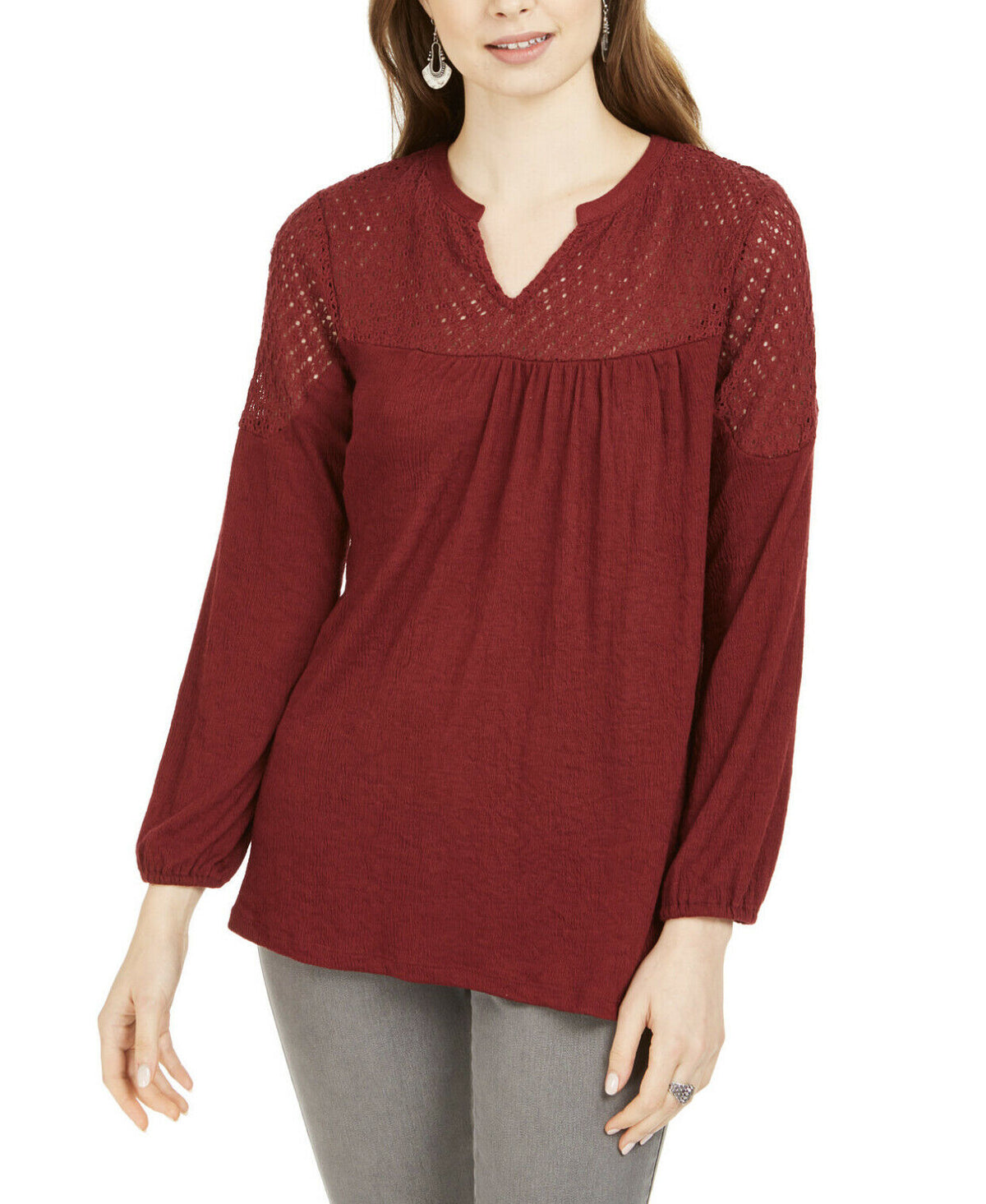 Style & Co Women's Crochet Yoke Top Red Size Large