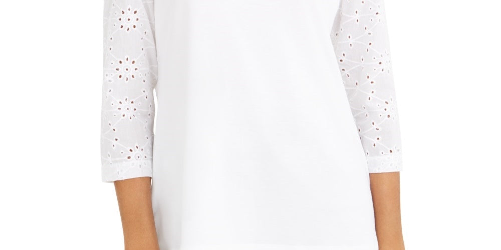 Style & Co Women's Eyelet-Sleeve Cotton Top White Size Medium