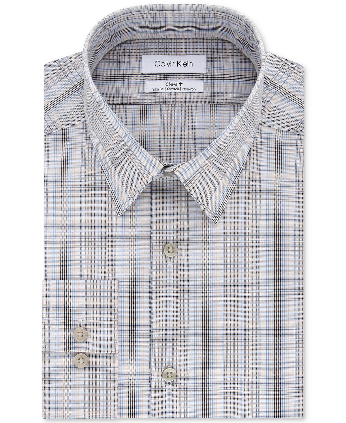 Calvin Klein Men's Slim Fit Stretch Performance Plaid Dress Shirt Beige Size 16.5X32X33