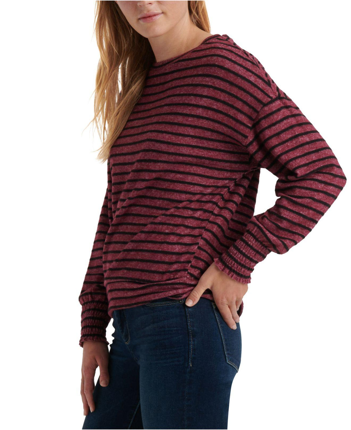 Lucky Brand Women's Striped Smocked-Cuff Sweatshirt Red Size Small