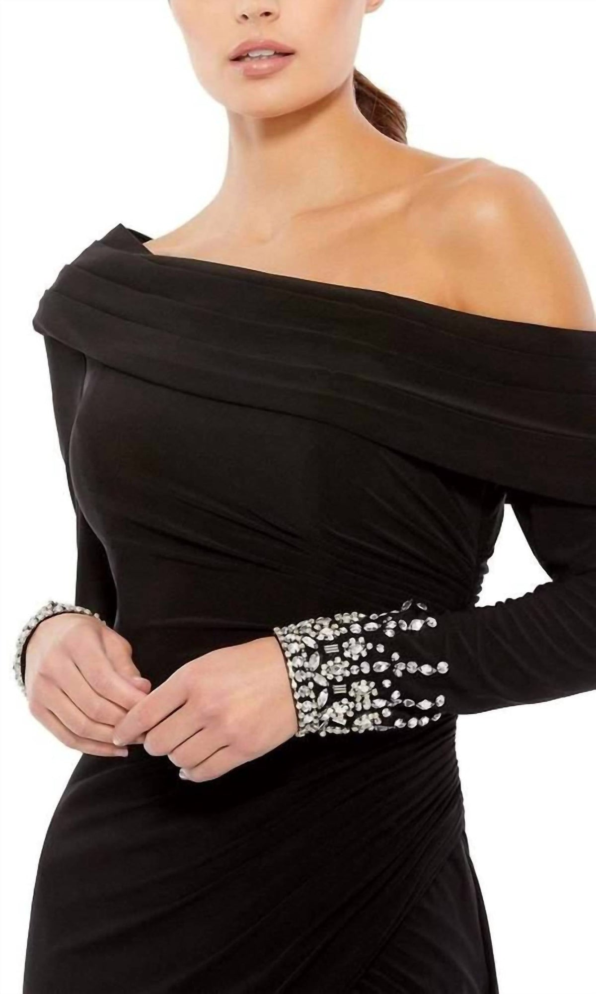 Mac Duggal - Foldover Long Sleeve Jeweled Midi Dress