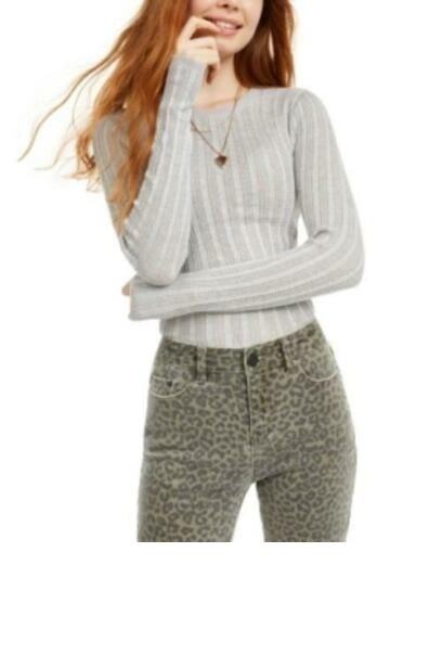 Hooked Up By Iot Juniors' Pointelle Sweater Gray Size Medium