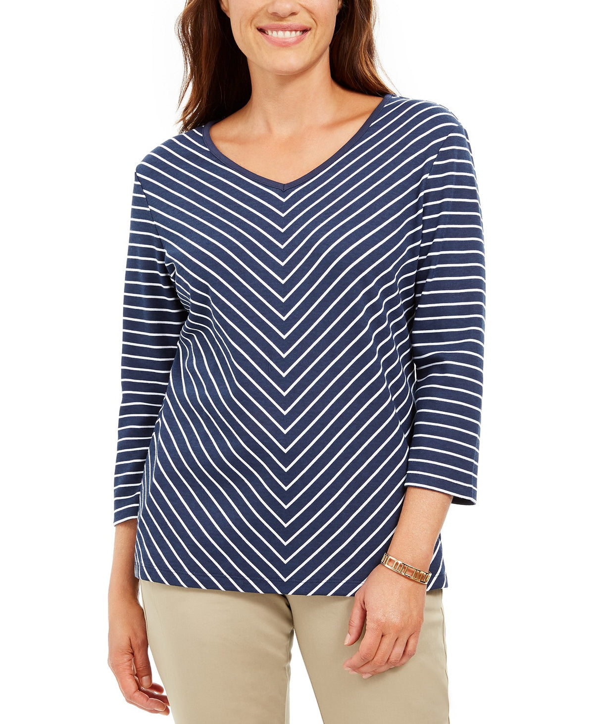 Karen Scott Women's Striped V-Neck Top Blue Size Medium