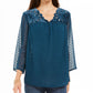 Style & Co Women's Mixed-Media Sheer-Sleeve Blouse Blue Size Extra Large