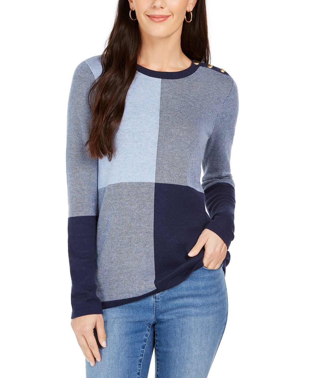 Charter Club Women's Colorblocked Button-Shoulder Sweater Blue Size Large