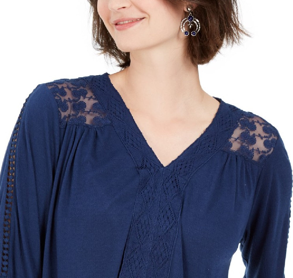 Style & Co Women's Lace-Back Crochet Top Navy Size Large