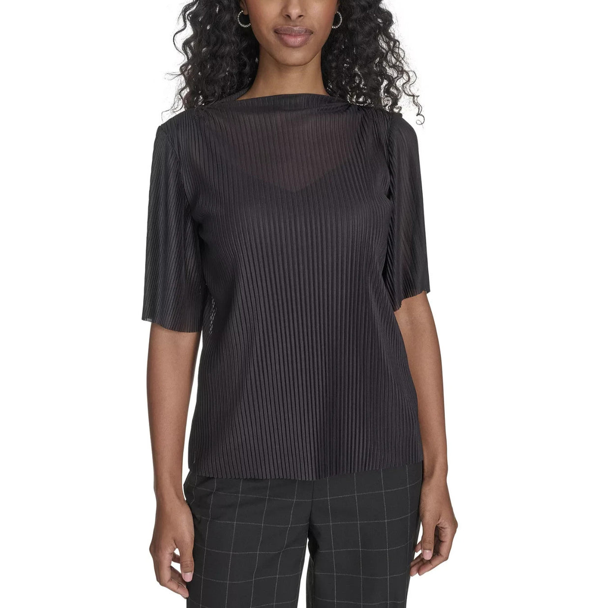 Calvin Klein Womens Mesh Elbow Sleeve High Neck Top