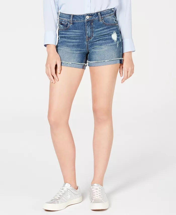 Vanilla Star Juniors' Mid-Rise Cuffed Jean Short Blue Size 11