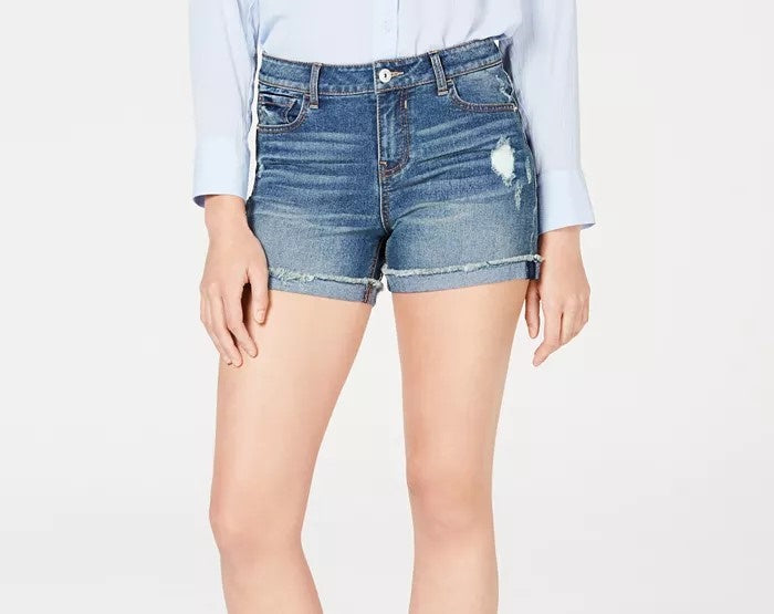 Vanilla Star Juniors' Mid-Rise Cuffed Jean Short Blue Size 11