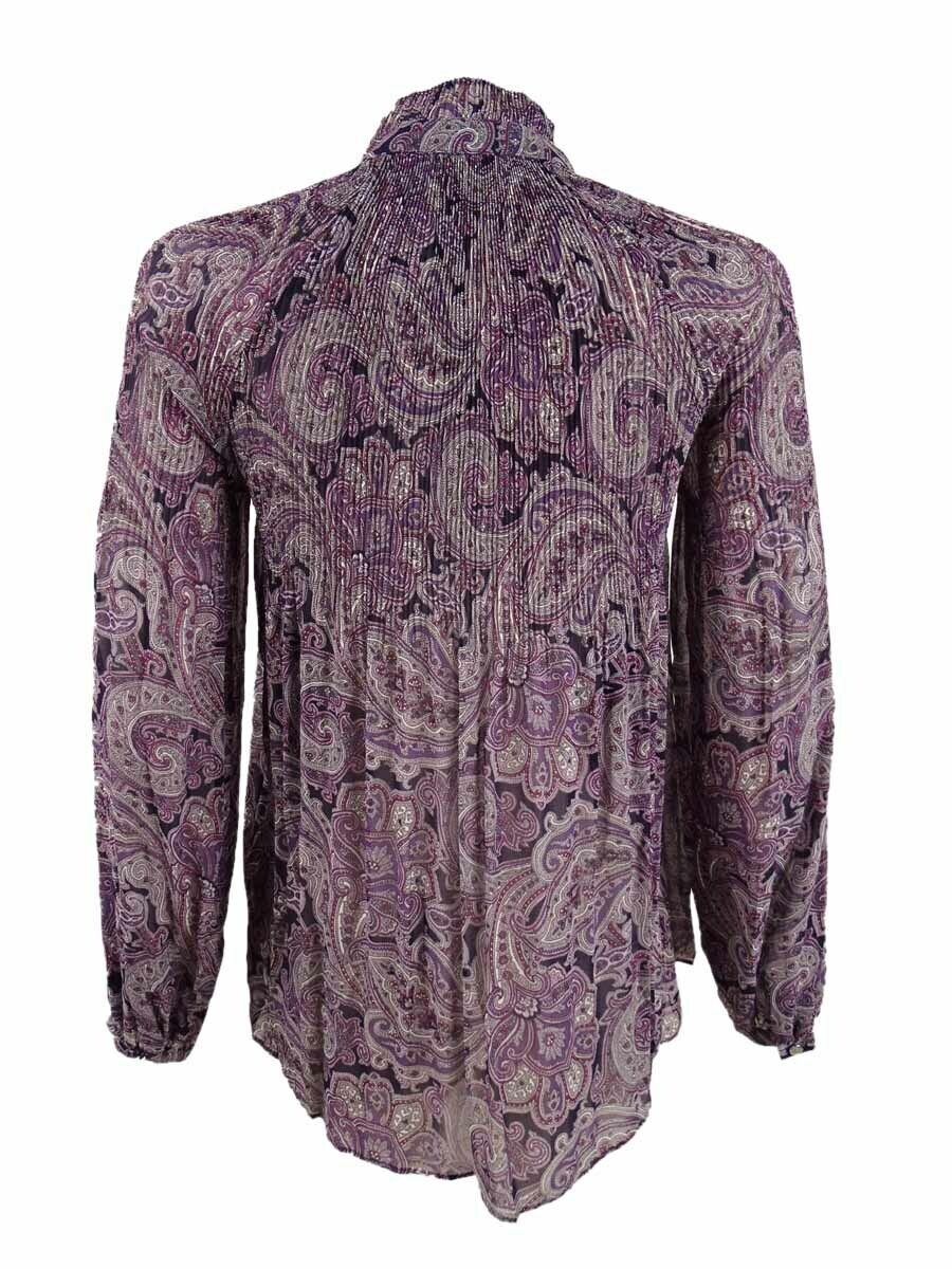 Lauren By Ralph Lauren Women's Petite Printed Tie Neck Blouse Purple Size Petite X-Small