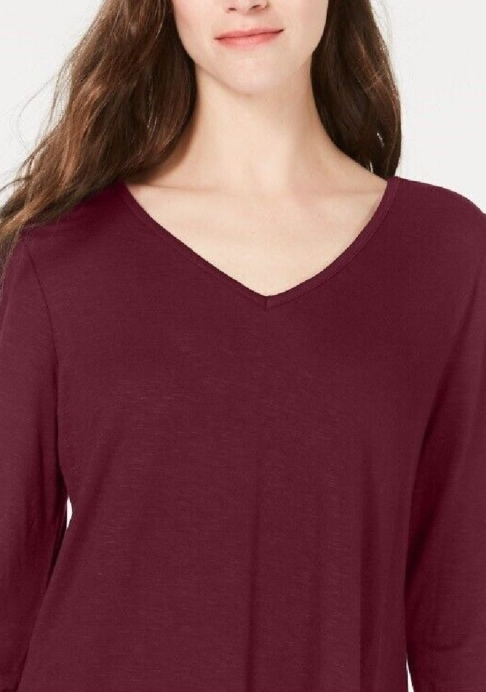Style & Co Women's V Neck Chiffon Hem Top Red wine Size Small