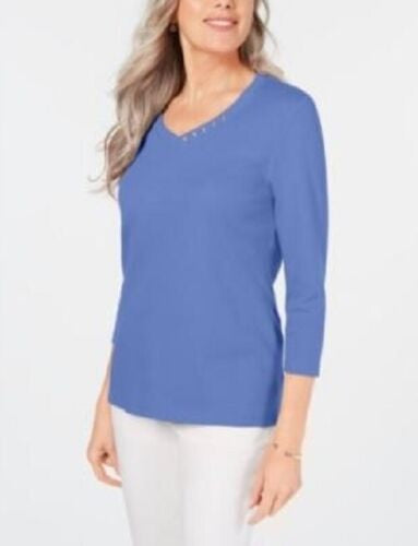 Karen Scott Women's Cotton Button Trim Top Blue  Size Medium