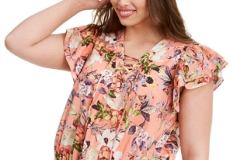 INC International Concepts Women's Floral Cotton Top Pink Size 1X