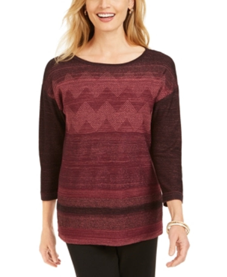 JM Collection Women's Metallic Stitched Drop Shoulder Sweater Wine  Size Small