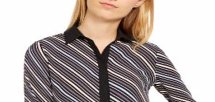 Anne Klein Women's Milano Striped Collared Button Down Top Black Size Small