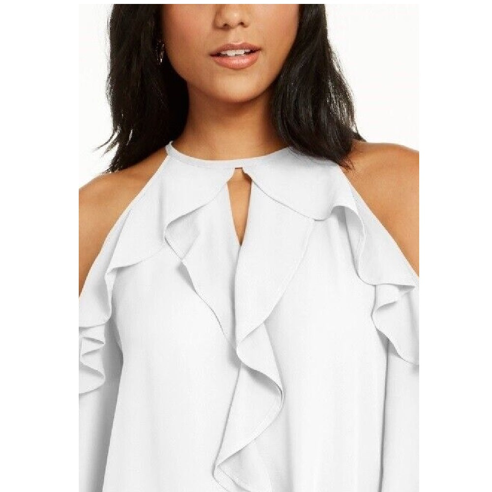 Thalia Sodi Women's Ruffle Trim Cold Shoulder Top White Size X-Large