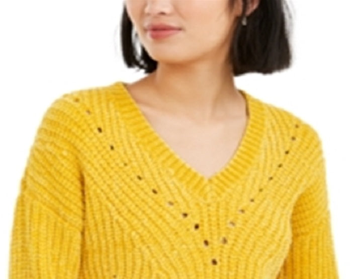 Bar III Women's Eyelet V Neck Crop Sweater Yellow Size Large