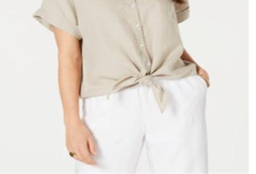 Charter Club Women's Linen Tie Front Button up Shirt Brown Size Medium