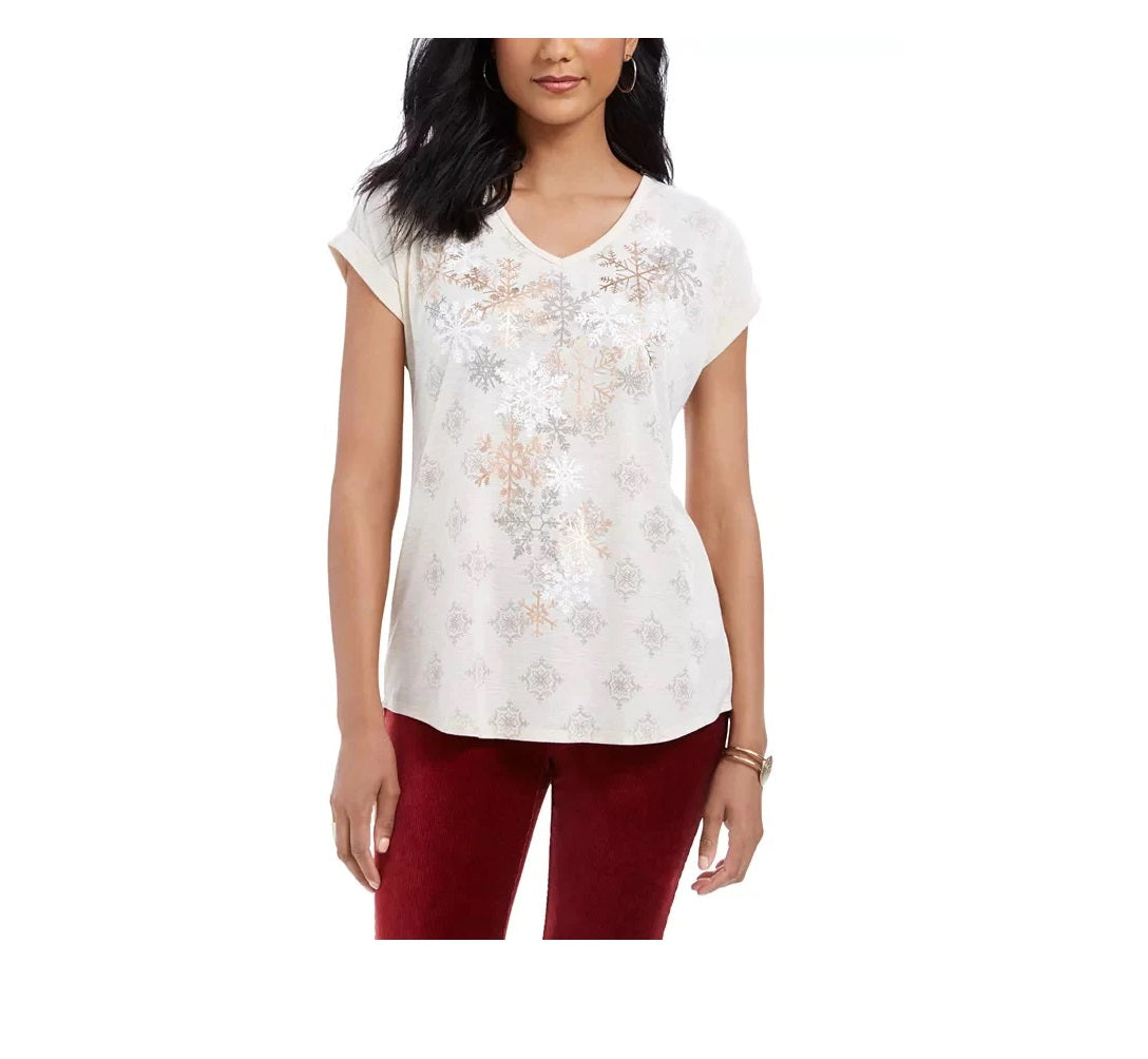Style & Co Women's  Petite Snowflake-Graphic Top Snowfall Size  PL