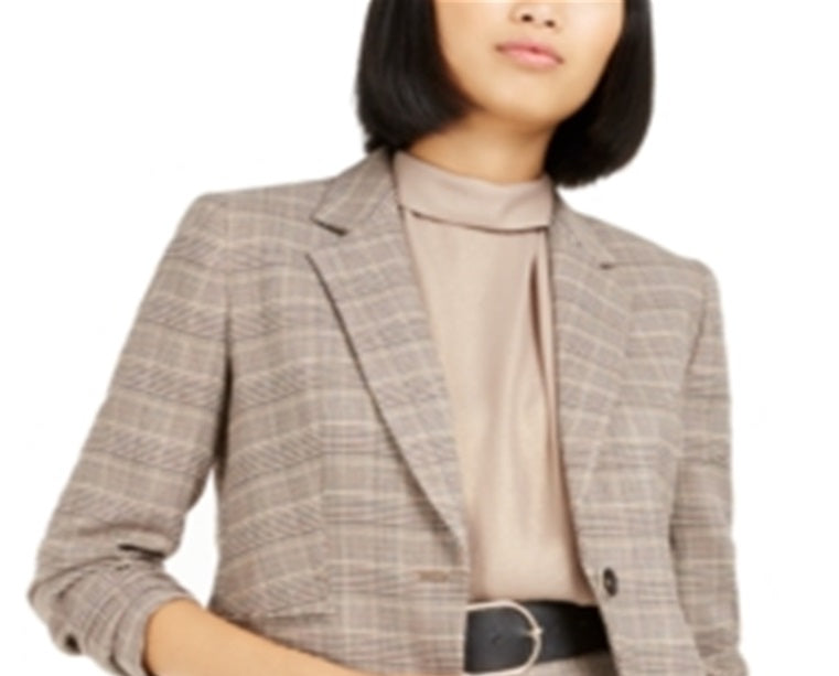 Bar III Women's One Button Plaid Blazer Brown Size 0